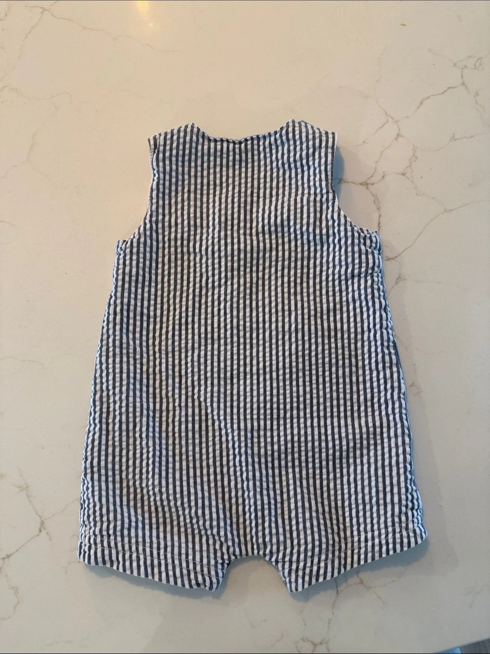 Striped Seersucker Baby Romper with Red Crab Appliqué